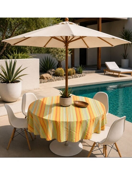 Cotton Park Cottage Other - VTG MCM Cotton Park Cottage Striped Cotton Outdoor Round Tablecloth Umbrella Hol